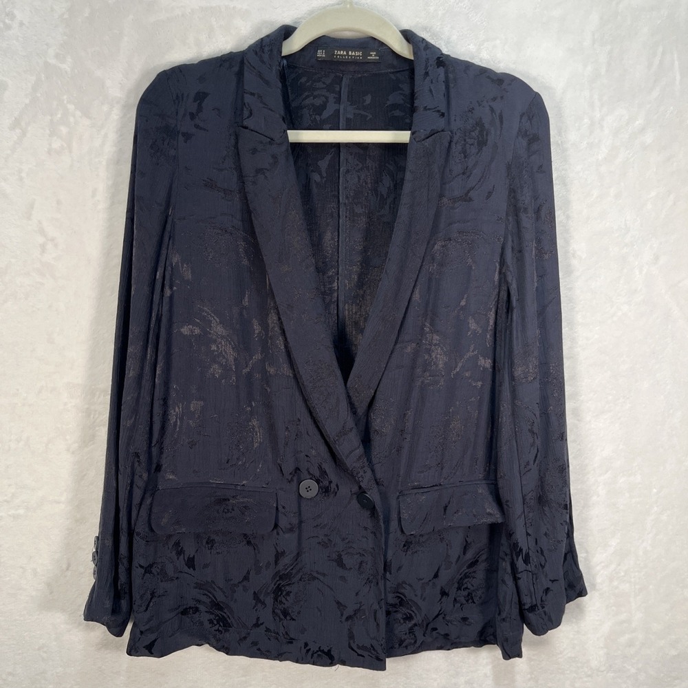 Zara Basics Collection Floral Blazer Womens Small Navy Jacquard Double Breasted